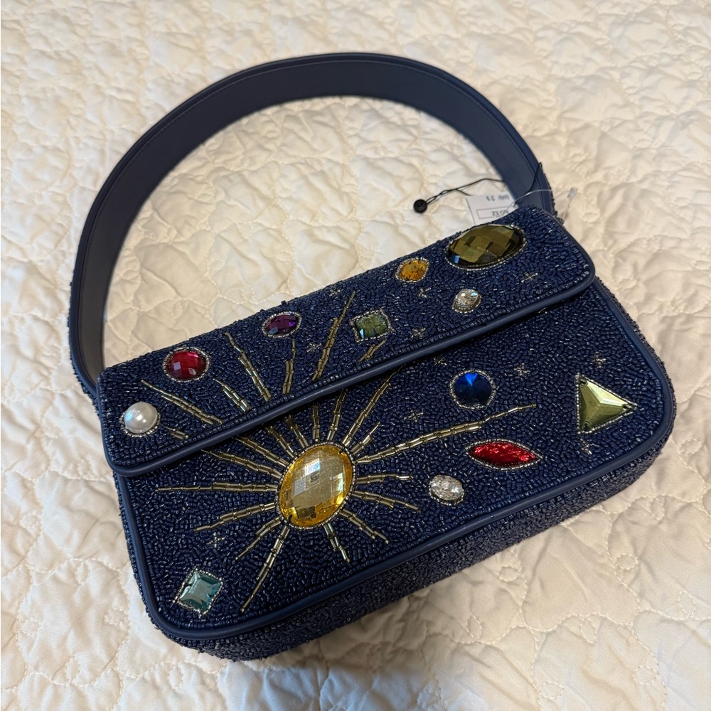 STAUD Navy Beaded Shoulder Bag with Multicolored Gem Embellishments - Picture 5 of 10